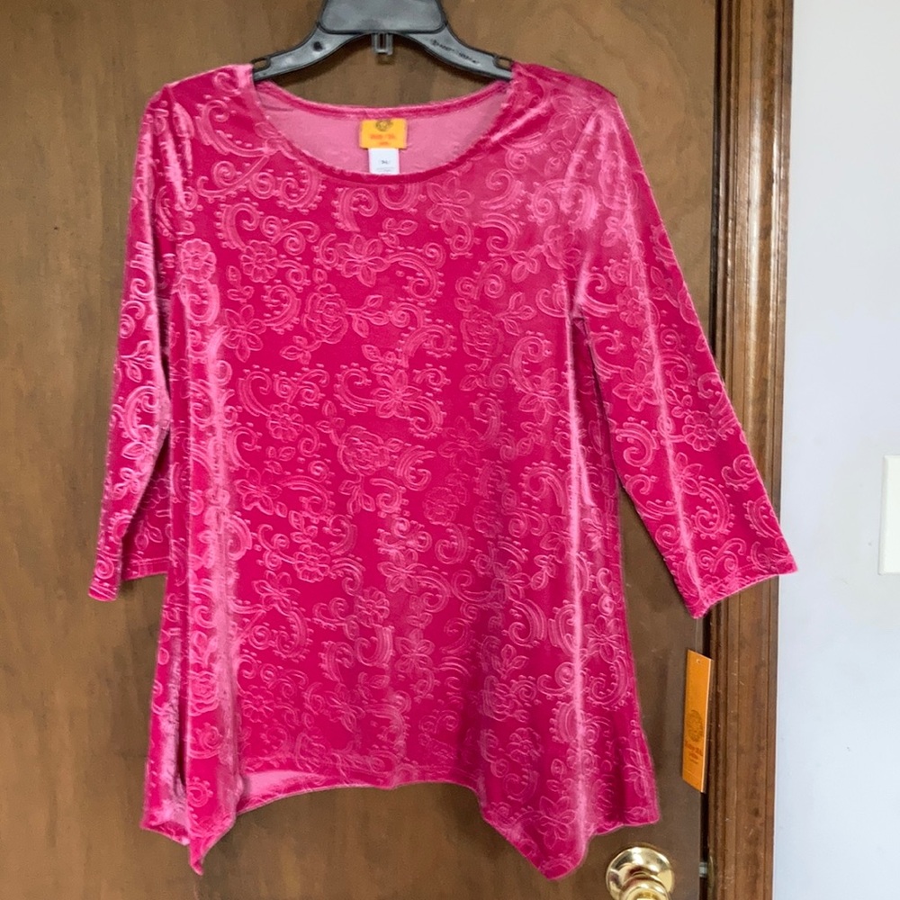 Ruby Rd top velvet floral print top fushia boho blouse casual office PL